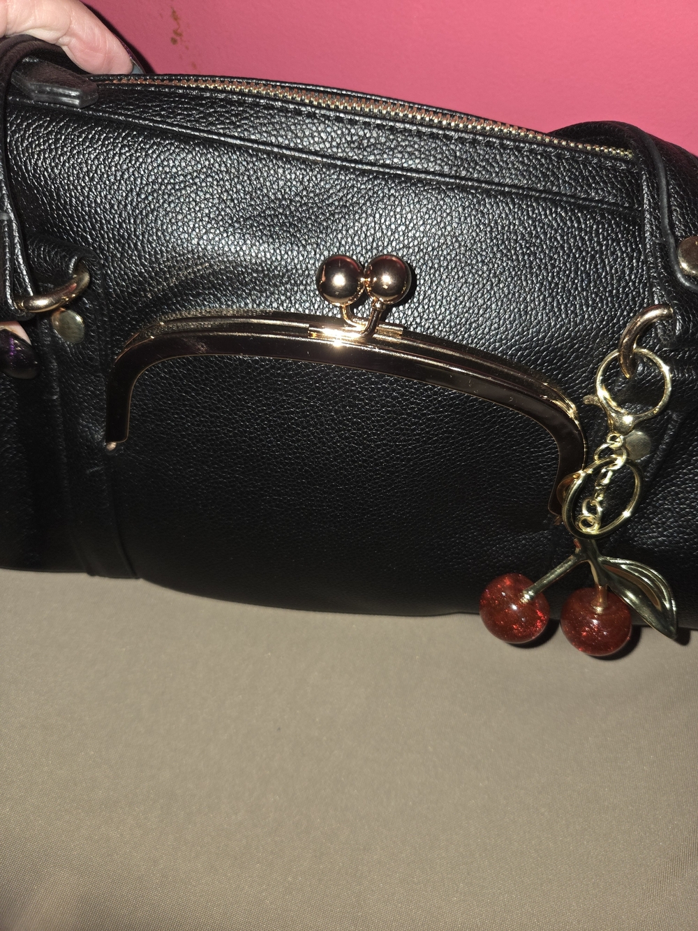 Black Bag  With Cherry Charm